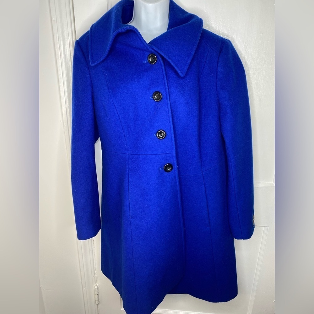 Preston & York Women's Merino Wool Blend Royal Blue Coat w Leopard Print Lining